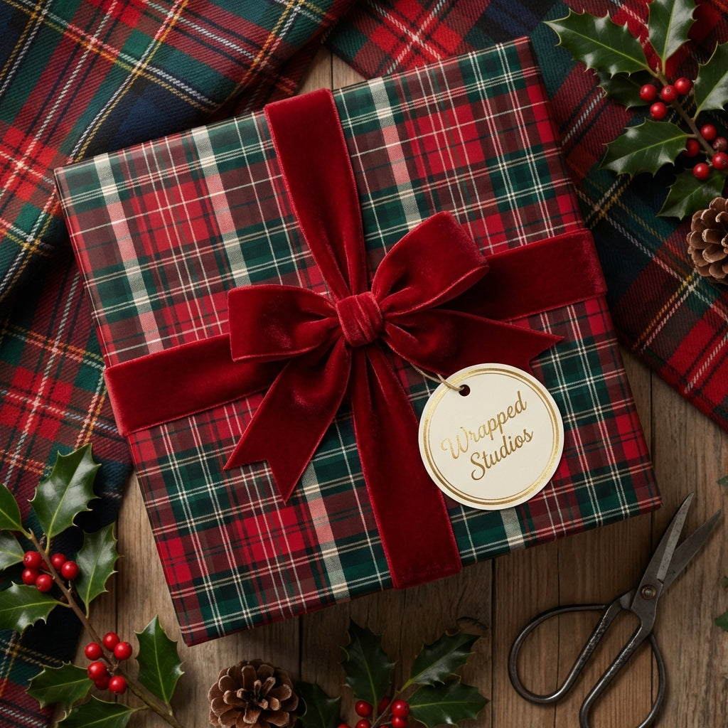Classic tartan Christmas gift wrap with velvet red ribbon and holly berries.