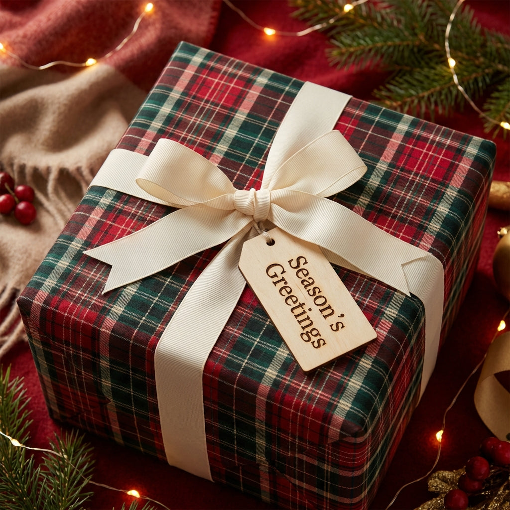 Red and green plaid Christmas gift wrap with ivory ribbon and "Season's Greetings" tag.