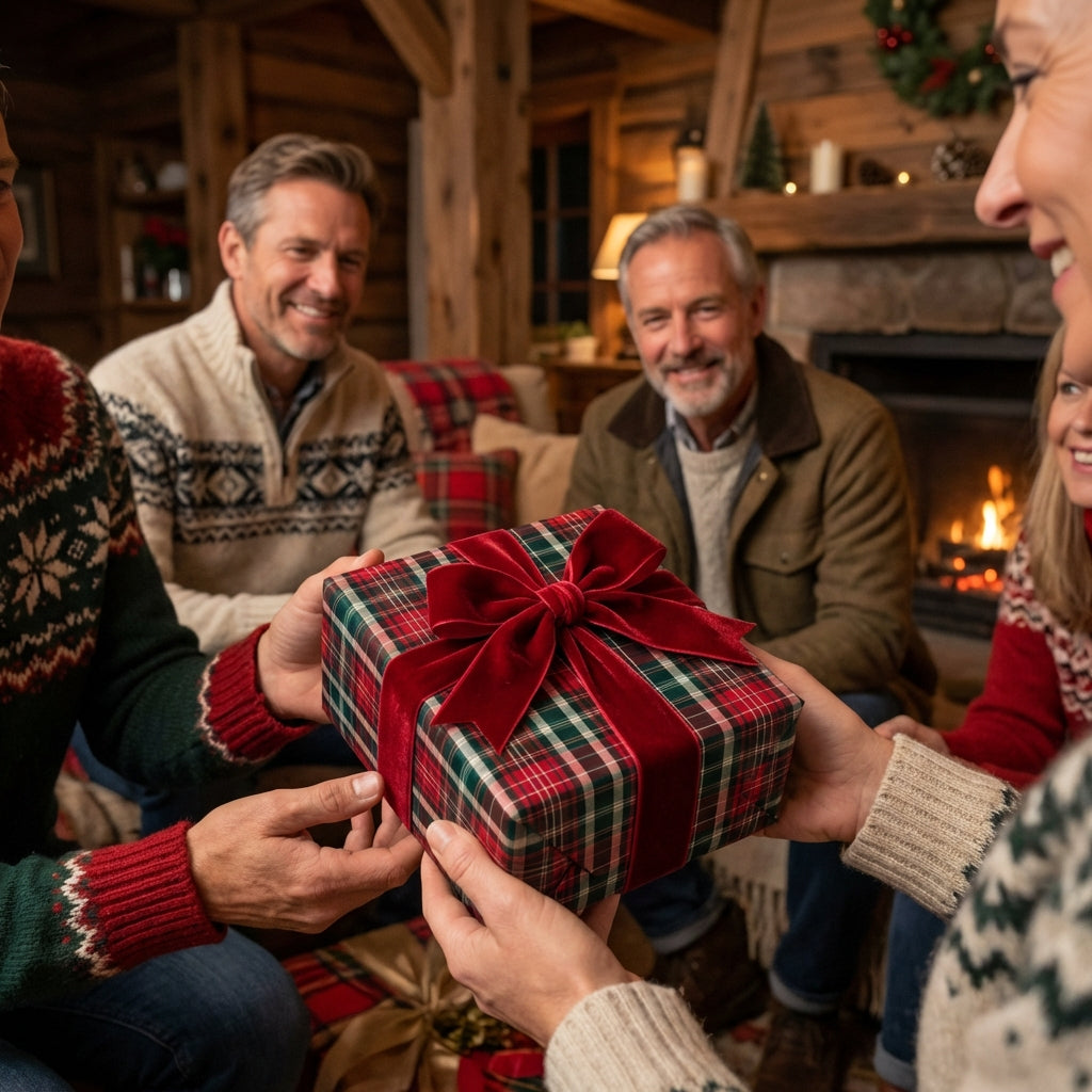 Giving a present wrapped in red and green plaid Christmas gift wrap with a velvet bow.