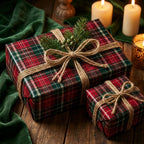 Festive Christmas gift wrap in red and green plaid with rustic twine and evergreen sprigs.