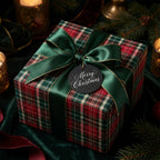 Plaid Christmas gift wrap with a green satin bow and "Merry Christmas" tag, perfect for holiday presents.