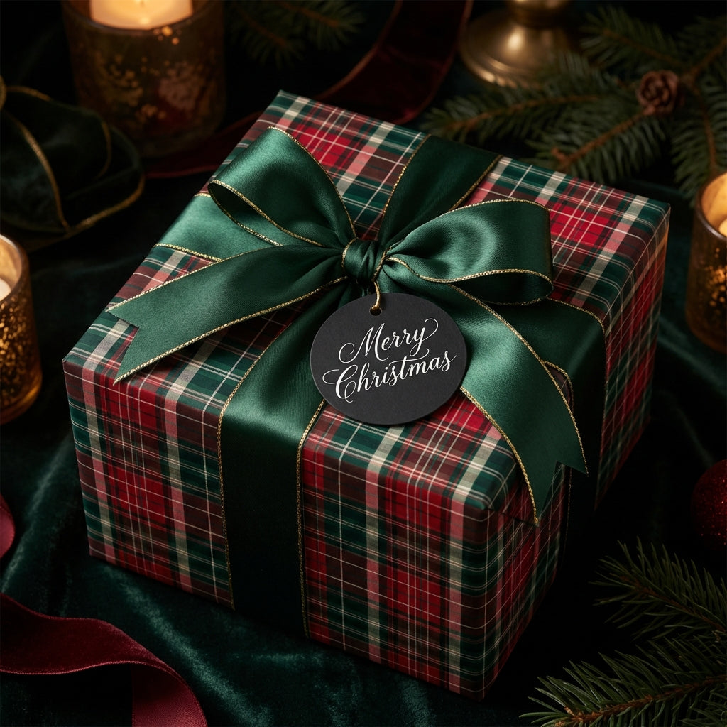 Plaid Christmas gift wrap with a green satin bow and "Merry Christmas" tag, perfect for holiday presents.