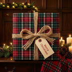 Wrapped Christmas gift with red and green plaid wrapping paper, tied with twine, and a "Merry Christmas" tag.