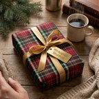 Classic plaid Christmas gift wrap in red and green, finished with a gold satin ribbon and tag.