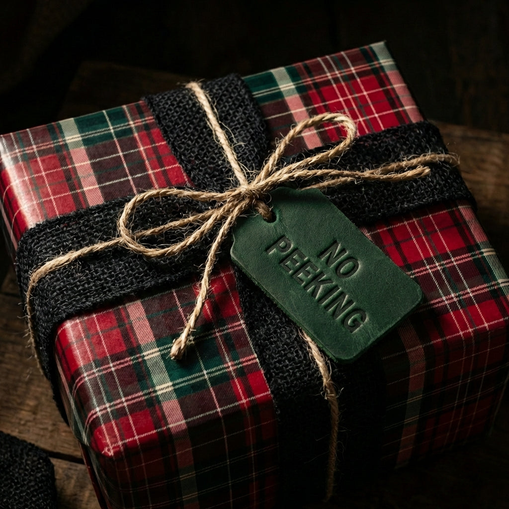Rustic Christmas gift wrap with a red and green plaid pattern, tied with a twine bow and burlap ribbon.