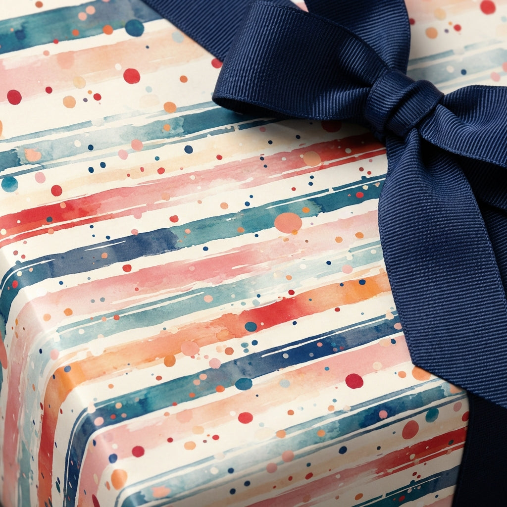 Watercolor striped gift wrap with navy ribbon, from Wrapped Studios.