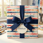 Striped watercolor gift wrap from Wrapped Studios, tied with a navy ribbon and "Celebrate!" tag.