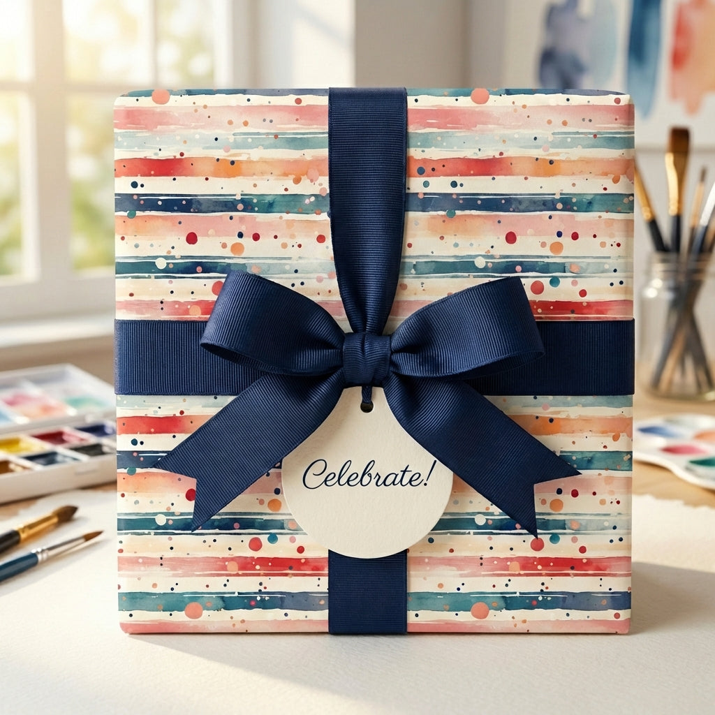 Striped watercolor gift wrap from Wrapped Studios, tied with a navy ribbon and "Celebrate!" tag.