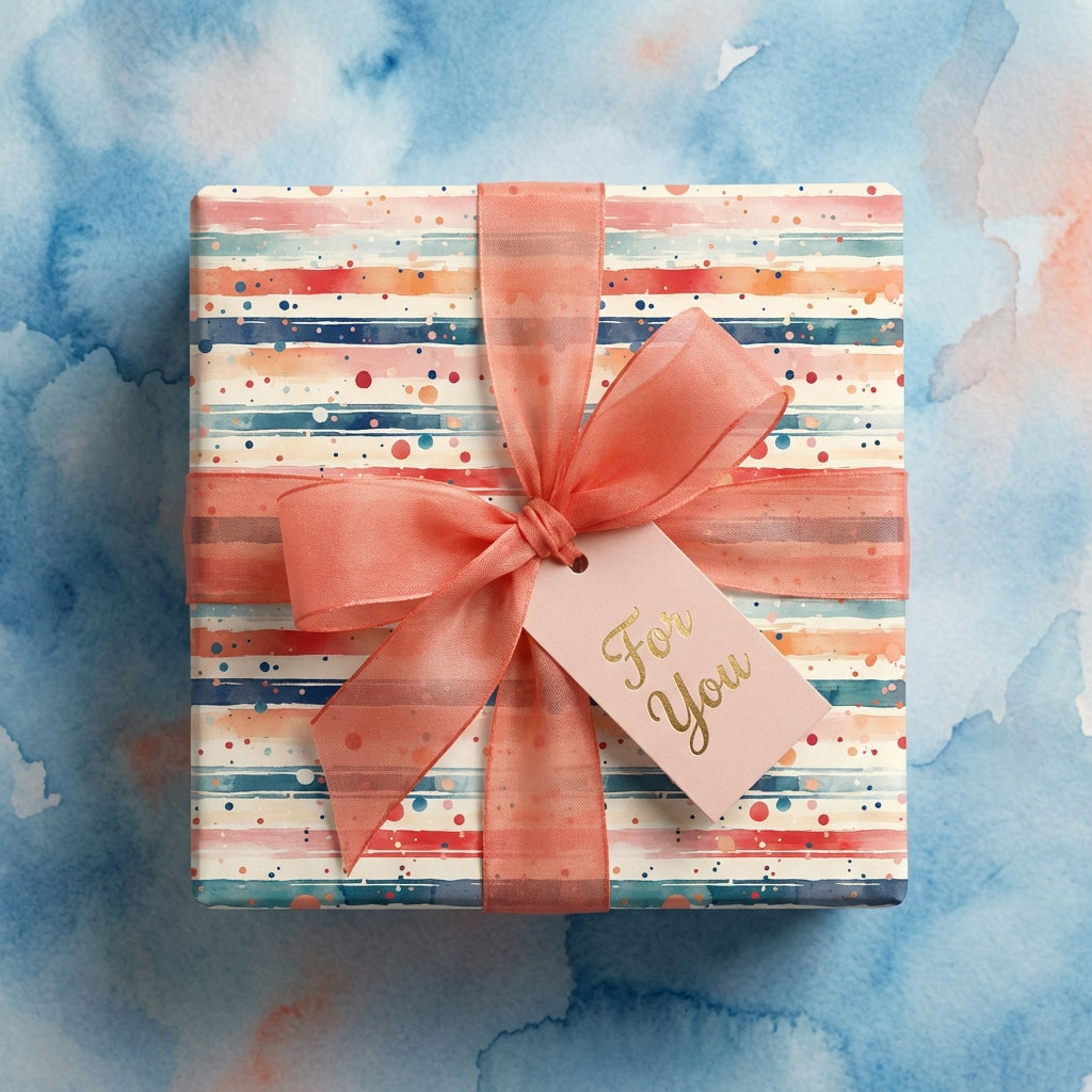 Colorful modern gift wrap with stripes, dots, and salmon ribbon from Wrapped Studios.