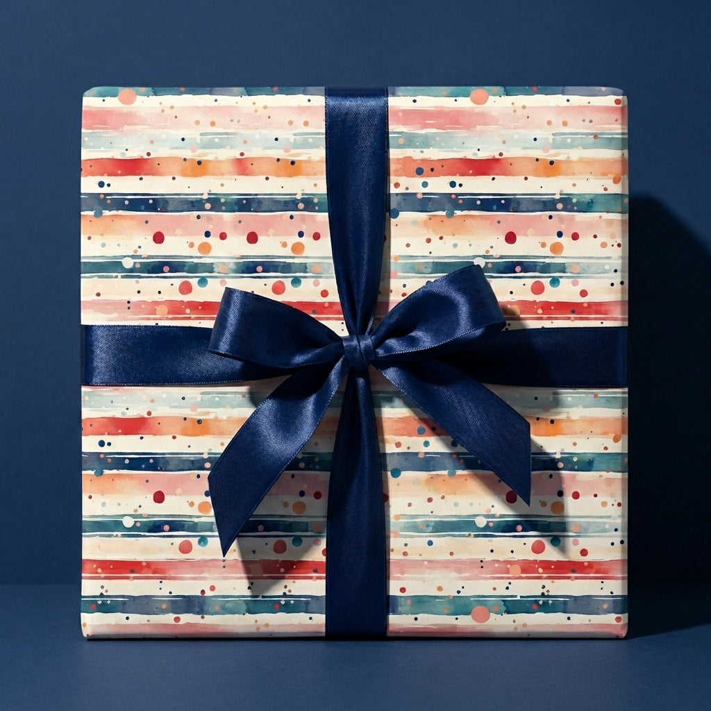 Striped gift with modern wrapping paper & navy bow.