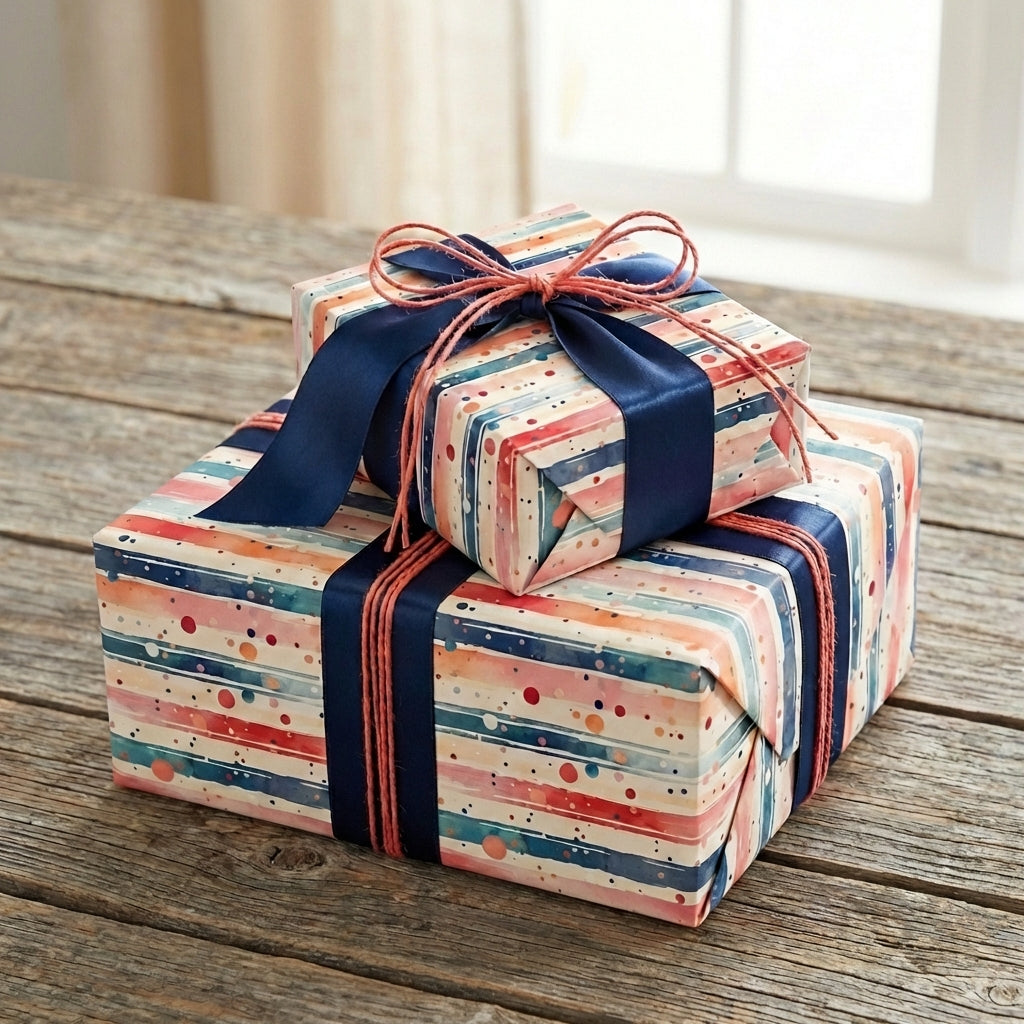 Two stacked gifts wrapped in watercolor stripe wrapping paper with blue ribbon, on wooden table.