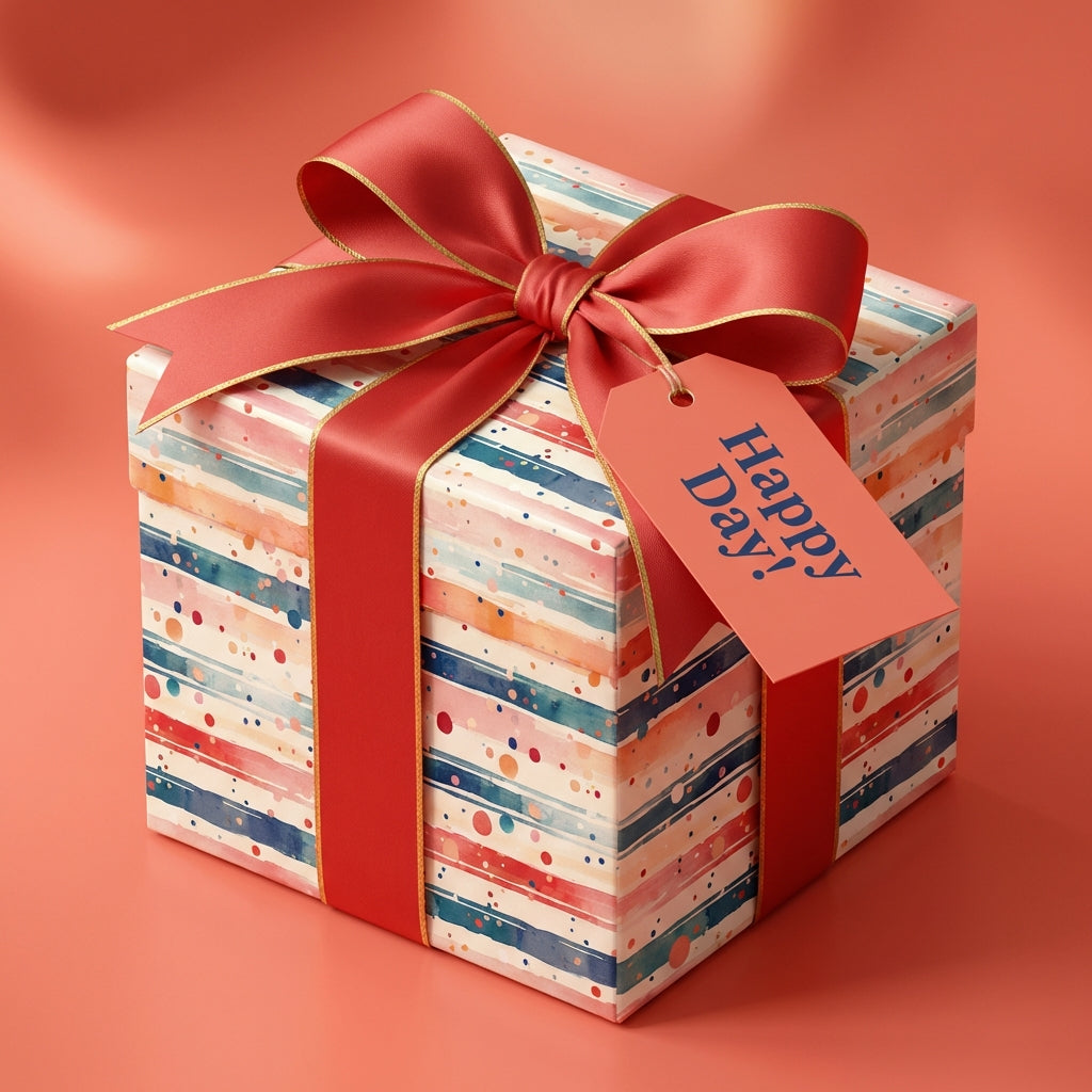 Striped gift wrap with a red ribbon and "Happy Day!" tag. Wrapped Studios offers birthday wrapping paper.