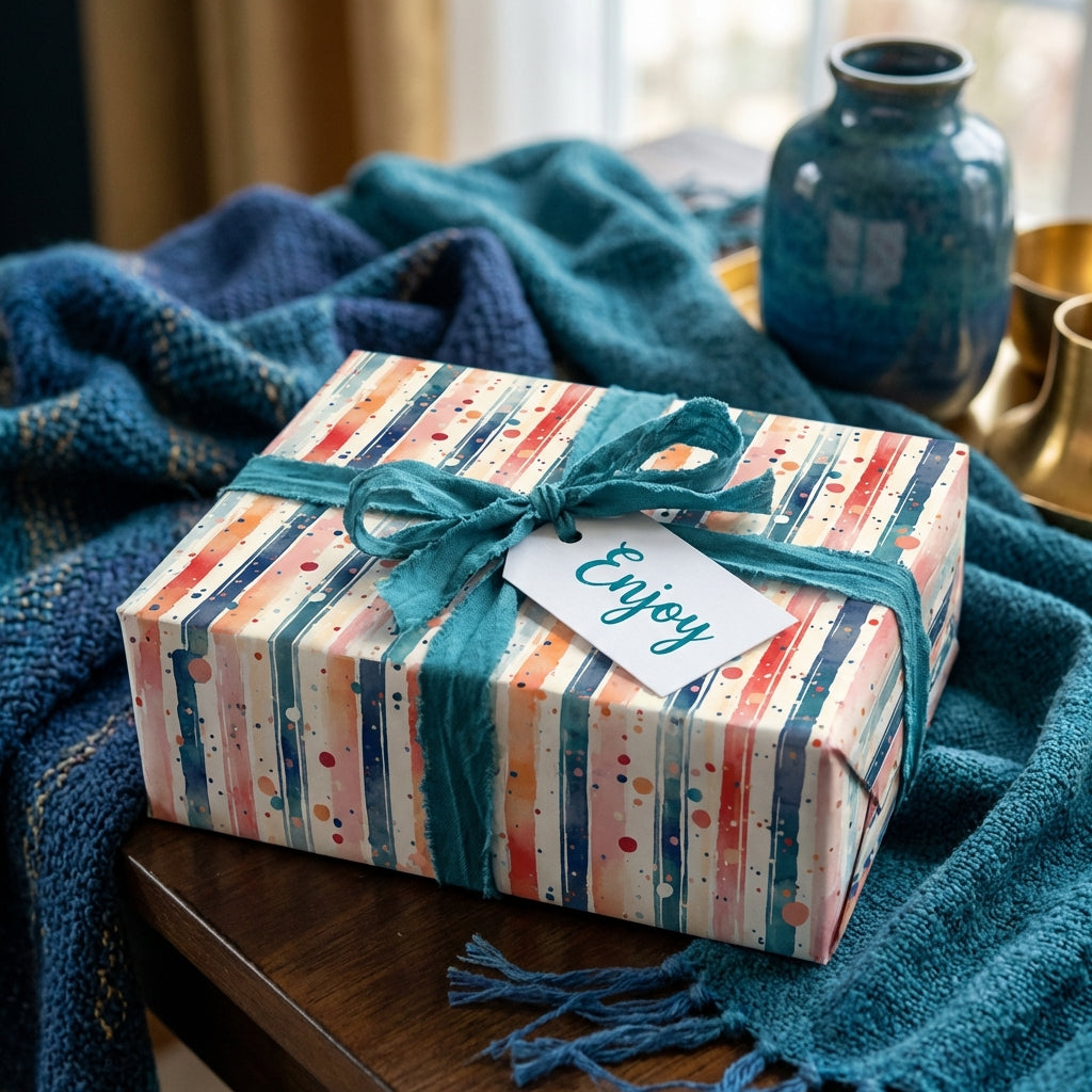 Striped watercolor wrapping paper in red, blue, and orange with teal ribbon.