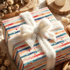 Colorful watercolor striped gift wrap with white faux fur bow.