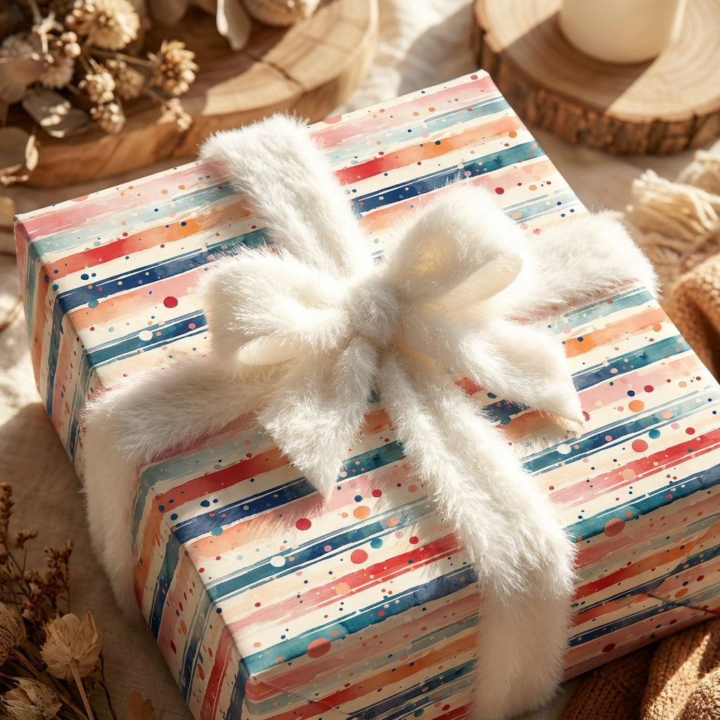Colorful watercolor striped gift wrap with white faux fur bow.