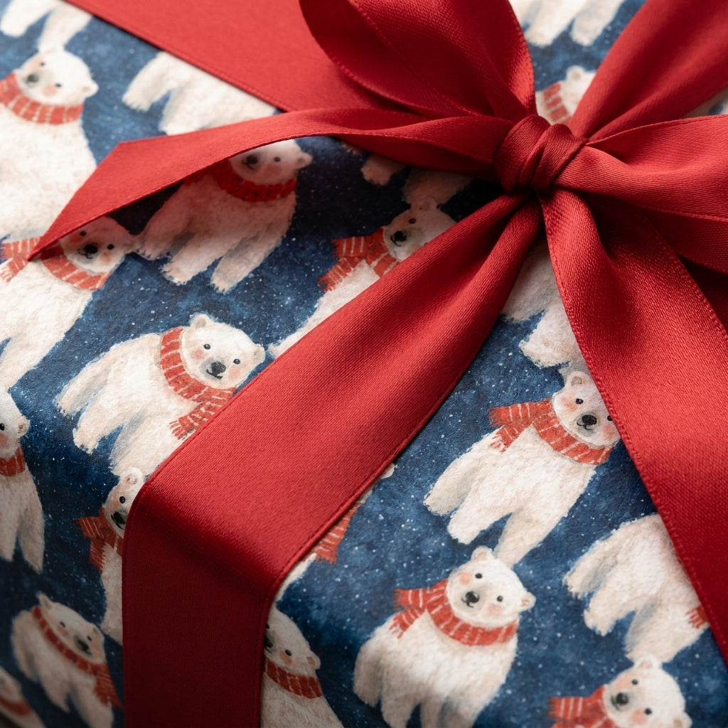 Cute polar bear Christmas wrapping paper with a red satin bow. Holiday gift wrap by Wrapped Studios.