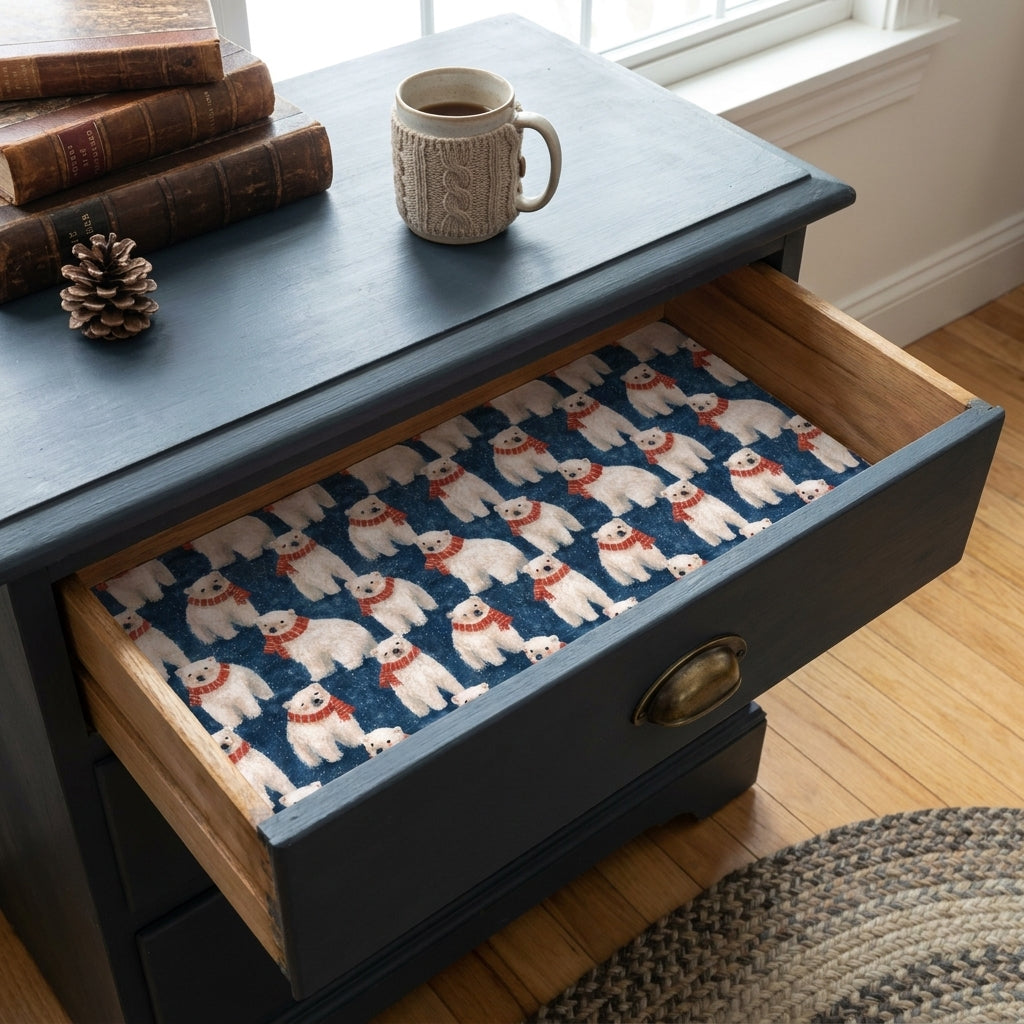 Polar bear Christmas wrapping paper used as a drawer liner in a blue nightstand by Wrapped Studios.