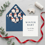 Polar bear winter baby shower invitation with navy blue envelope liner by Wrapped Studios.