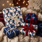 Navy polar bear Christmas wrapping paper with red velvet ribbons by Wrapped Studios.