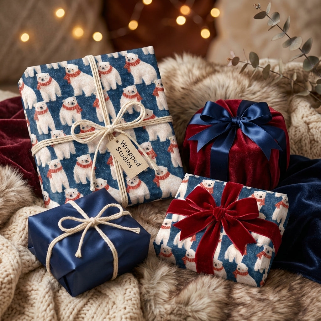 Navy polar bear Christmas wrapping paper with red velvet ribbons by Wrapped Studios.