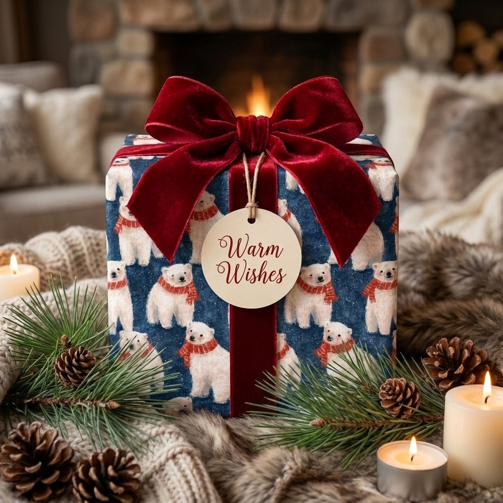Polar bear Christmas wrapping paper with a luxury red velvet bow by Wrapped Studios.