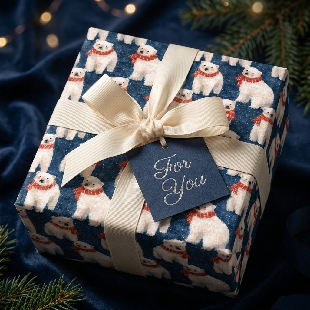 Cute polar bear Christmas wrapping paper with cream ribbon and tag, by Wrapped Studios.