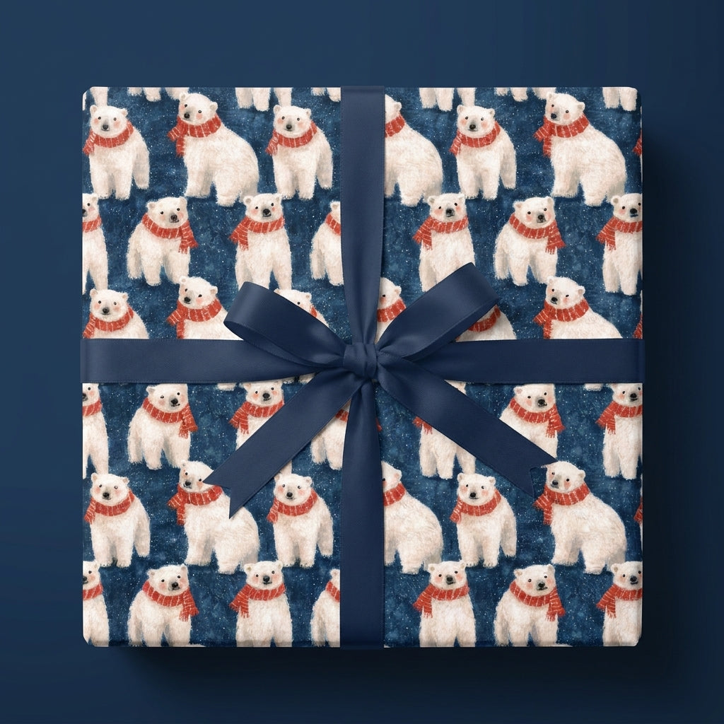 Polar bear Christmas wrapping paper with red scarves and a navy bow by Wrapped Studios.