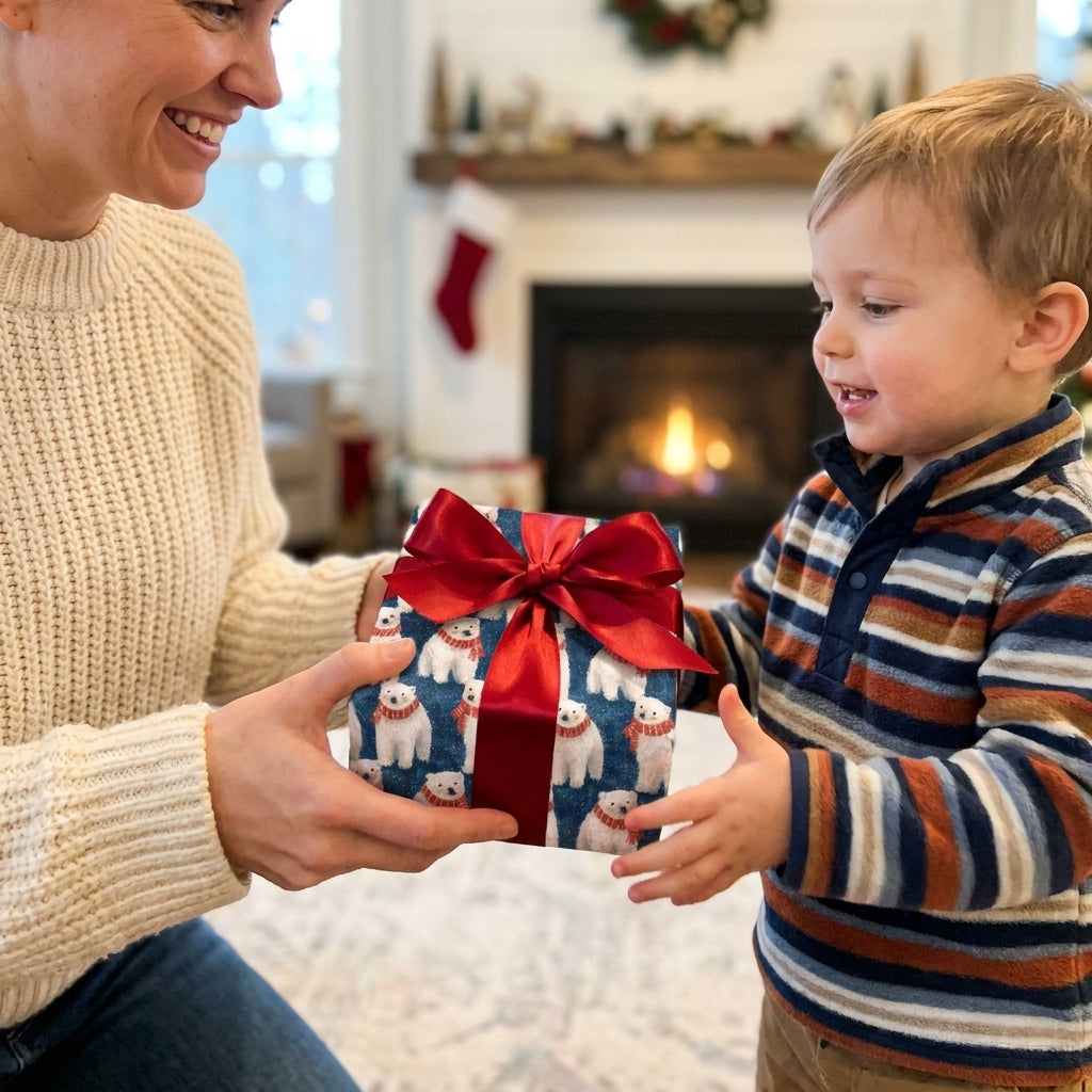 Polar bear Christmas wrapping paper with a red bow, held by a mother and child. Wrapped Studios.