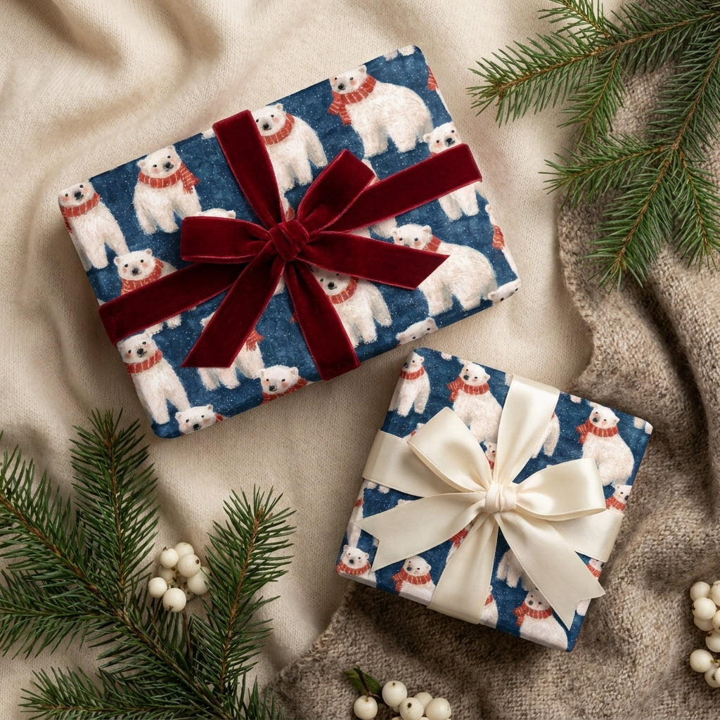 Navy polar bear Christmas wrapping paper with velvet and satin bows by Wrapped Studios.