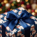 Polar bear Christmas gift wrap with a navy blue satin bow on a present by Wrapped Studios.