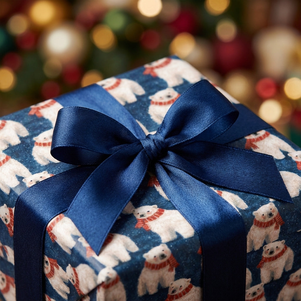 Polar bear Christmas gift wrap with a navy blue satin bow on a present by Wrapped Studios.