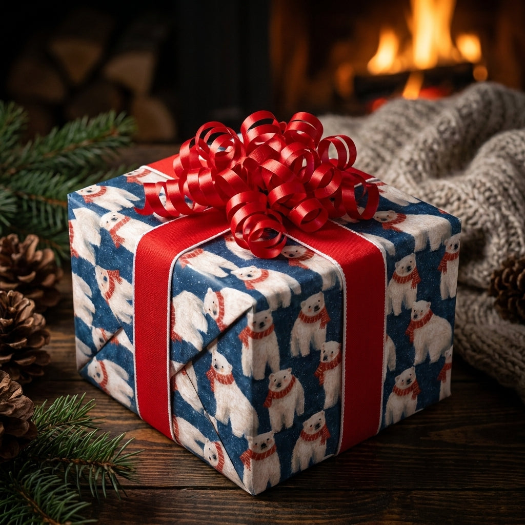 Polar bear Christmas wrapping paper with a red bow by Wrapped Studios, by a cozy fireplace.