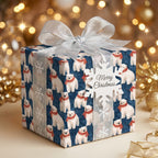 Navy polar bear Christmas wrapping paper by Wrapped Studios with a silver ribbon and snowflake tag.