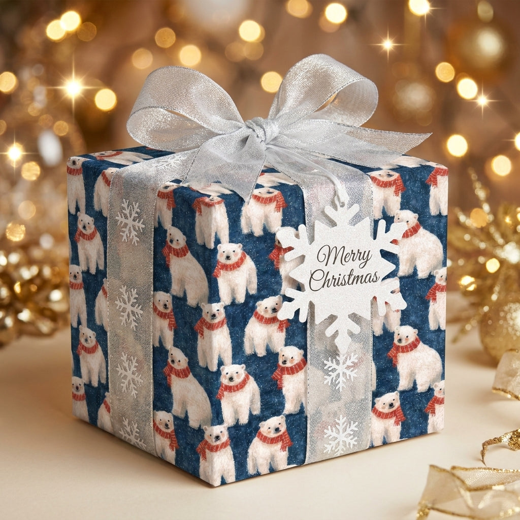 Navy polar bear Christmas wrapping paper by Wrapped Studios with a silver ribbon and snowflake tag.
