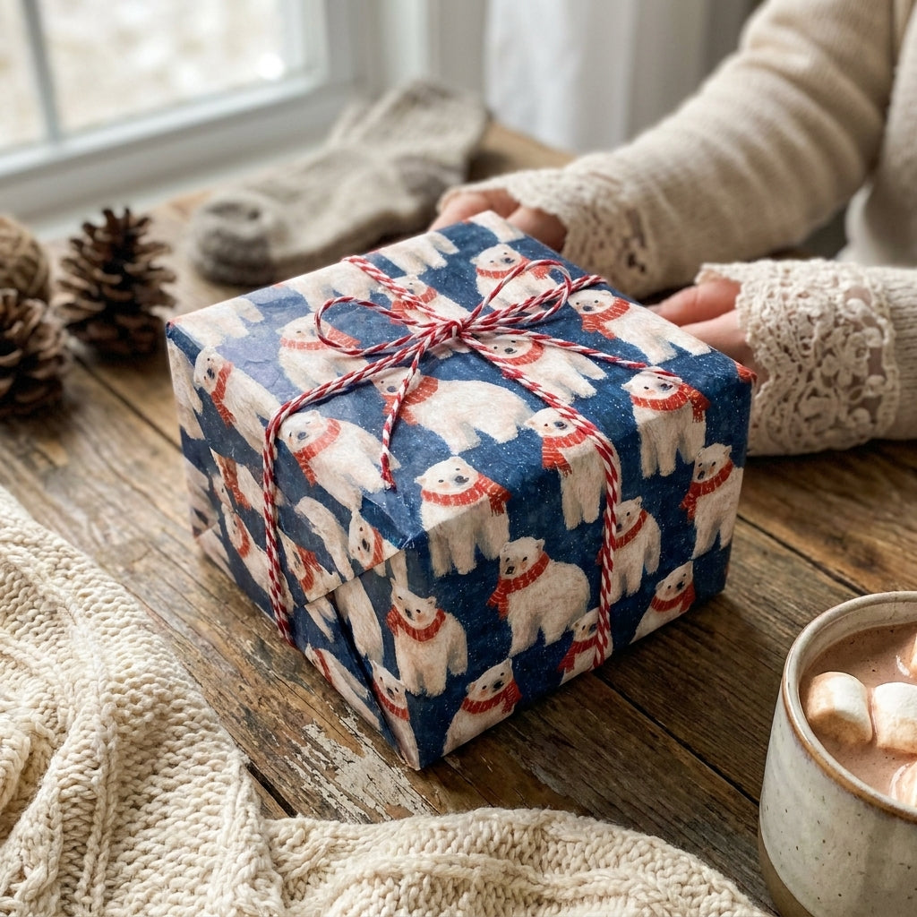 Blue polar bear Christmas gift wrap by Wrapped Studios on a cozy holiday present.
