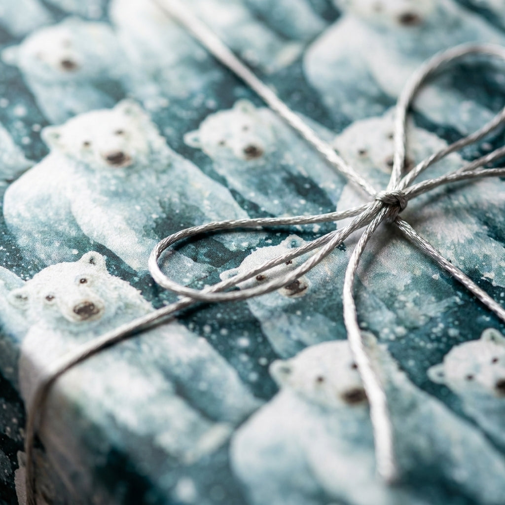 Blue polar bear Christmas wrapping paper with a silver twine bow by Wrapped Studios.