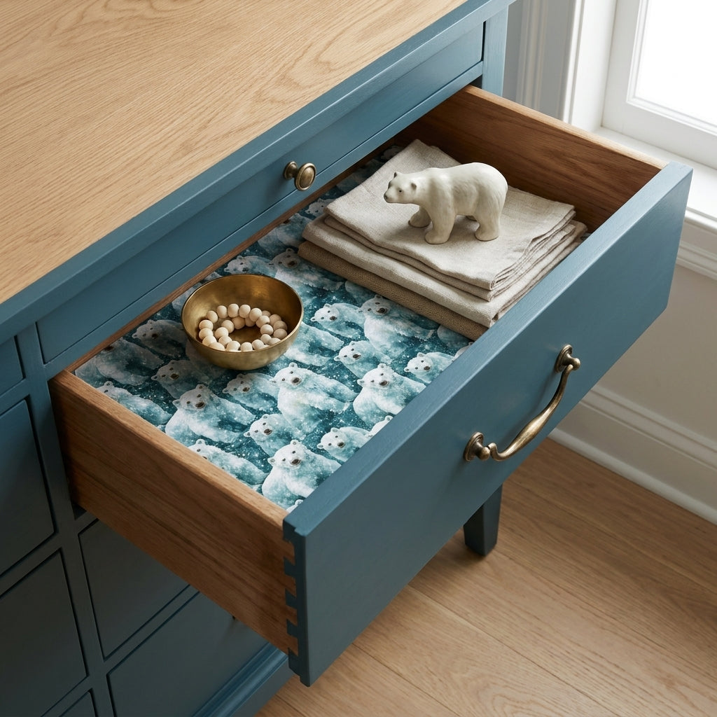 Polar bear wrapping paper used as a drawer liner in a cozy blue dresser drawer by Wrapped Studios.