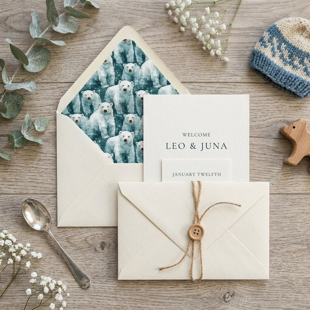 Winter polar bear baby shower invitation with custom envelope liner by Wrapped Studios.