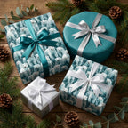 Polar bear Christmas wrapping paper and luxury teal holiday gift wrap with satin bows by Wrapped Studios.
