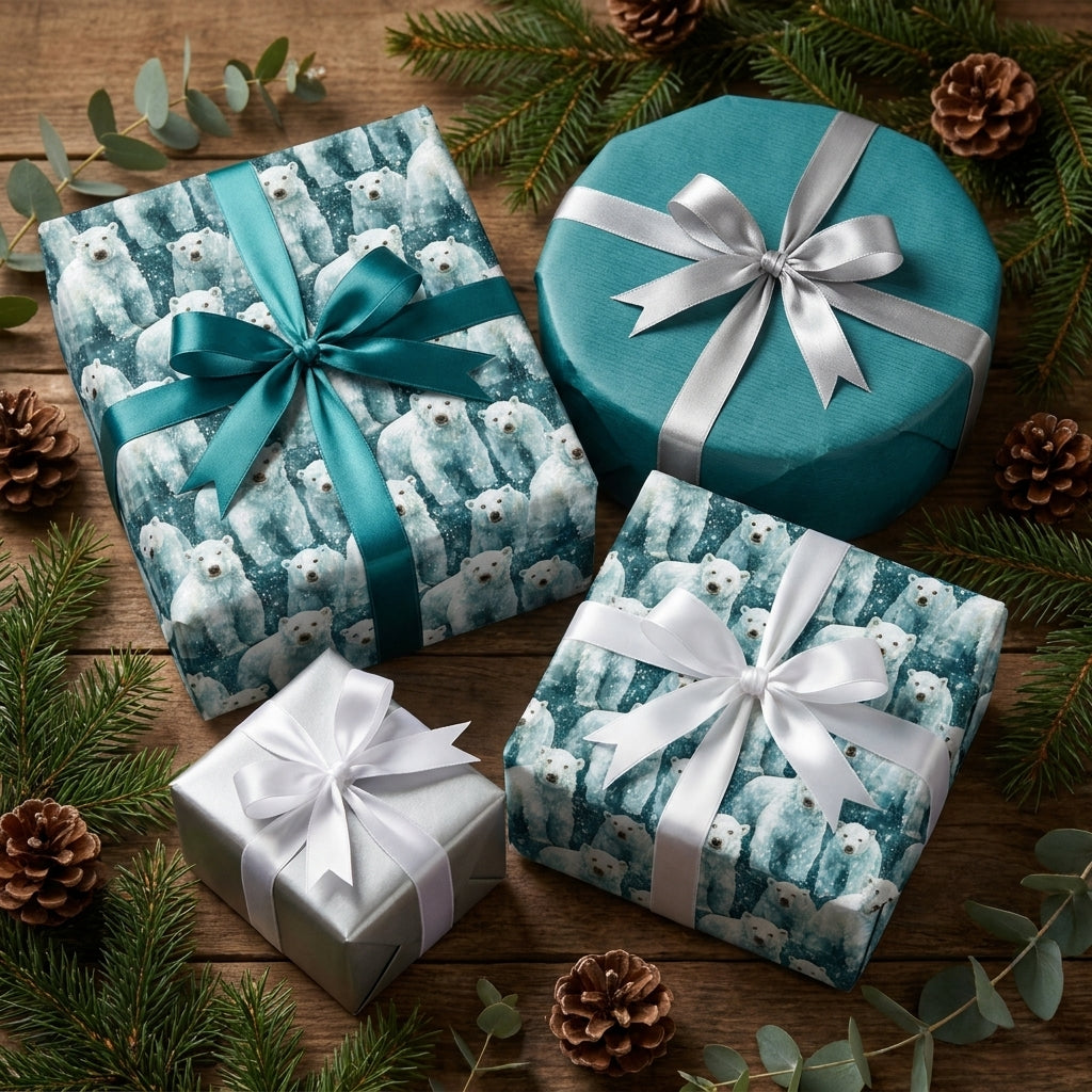 Polar bear Christmas wrapping paper and luxury teal holiday gift wrap with satin bows by Wrapped Studios.