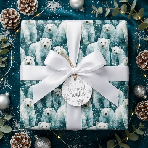 Polar bear Christmas wrapping paper by Wrapped Studios, tied with a white ribbon and a Warmest Wishes tag.