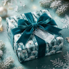 Polar bear Christmas gift wrap with teal velvet ribbon on a holiday present by Wrapped Studios.