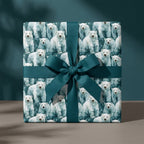 Polar bear Christmas gift wrap with a luxury teal ribbon on a square box by Wrapped Studios.