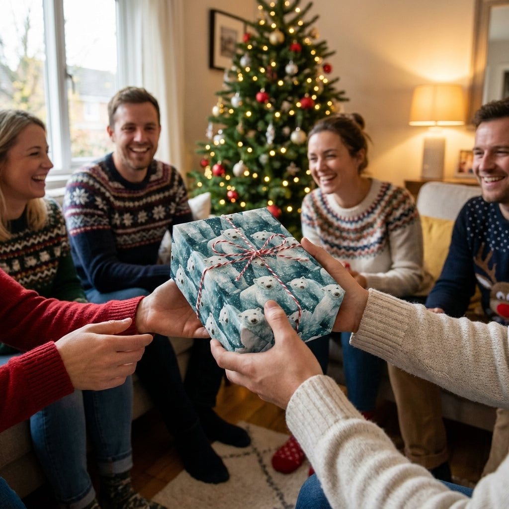 Polar bear Christmas wrapping paper by Wrapped Studios on a gift being exchanged by a holiday tree.