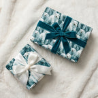 Polar bear Christmas wrapping paper with teal velvet and white satin bows by Wrapped Studios.