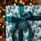 Polar bear Christmas gift wrap by Wrapped Studios, featuring a luxury teal satin ribbon and bow.