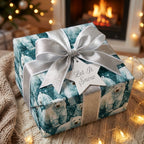 Polar bear Christmas wrapping paper with silver bow in a cozy holiday setting by Wrapped Studios.