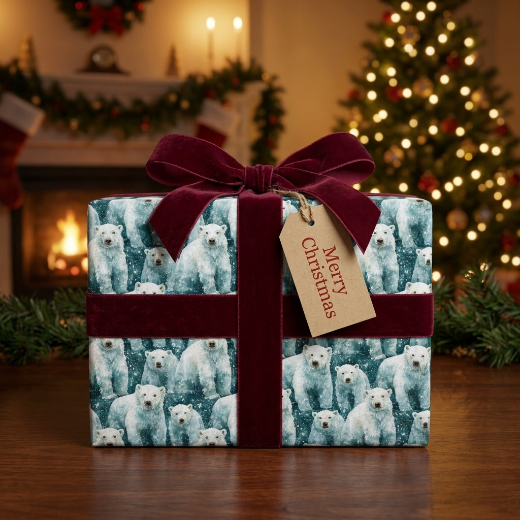 Polar bear Christmas wrapping paper with red velvet bow by Wrapped Studios, in front of a Christmas tree.
