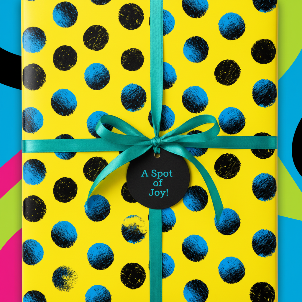 Yellow birthday wrapping paper with blue and black dots, teal ribbon and "A Spot of Joy!" tag.