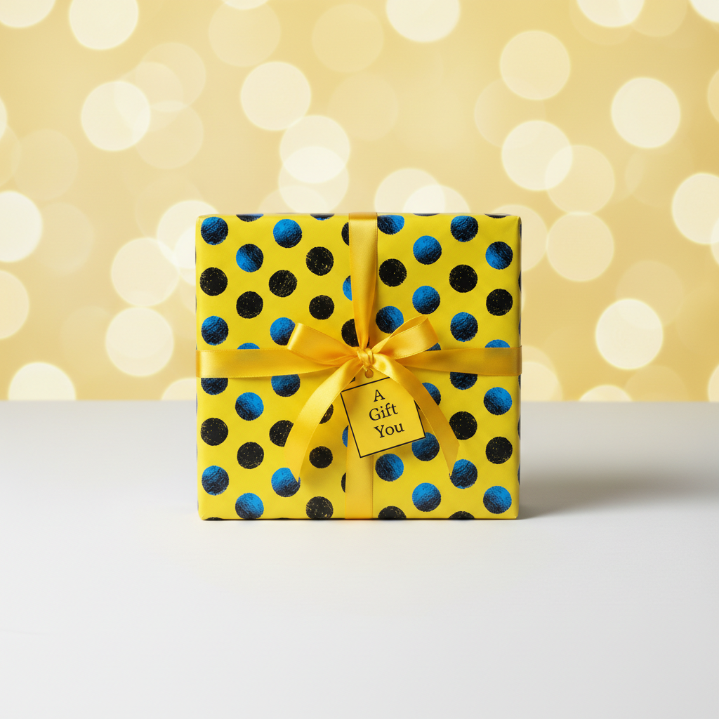 Gift wrapped in bright yellow wrapping paper with black and blue polka dots, tied with a yellow ribbon.